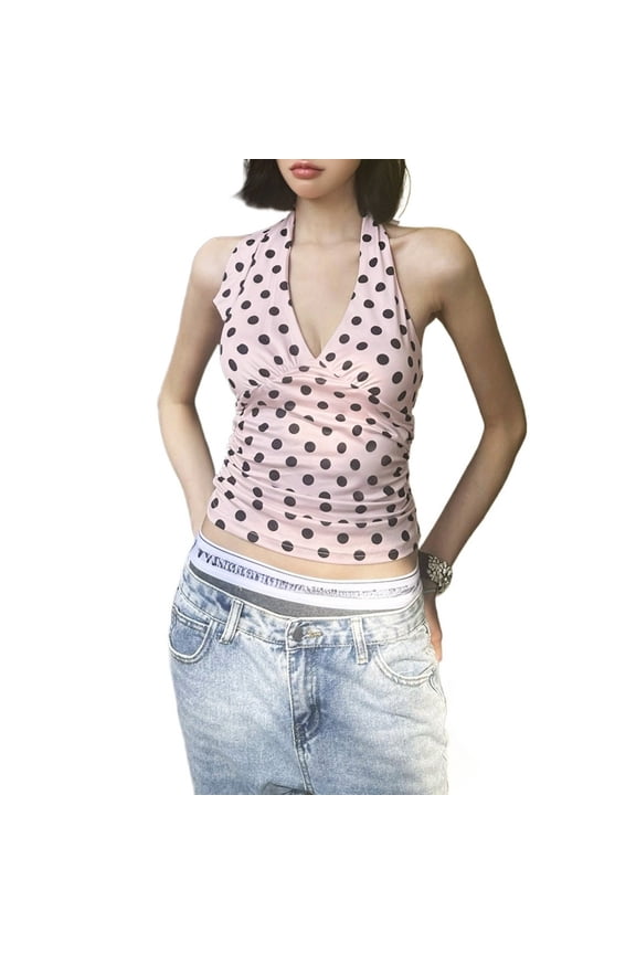 Women Fashion Polka Dot Halter V Neck Sweet Sleeveless Tank Top