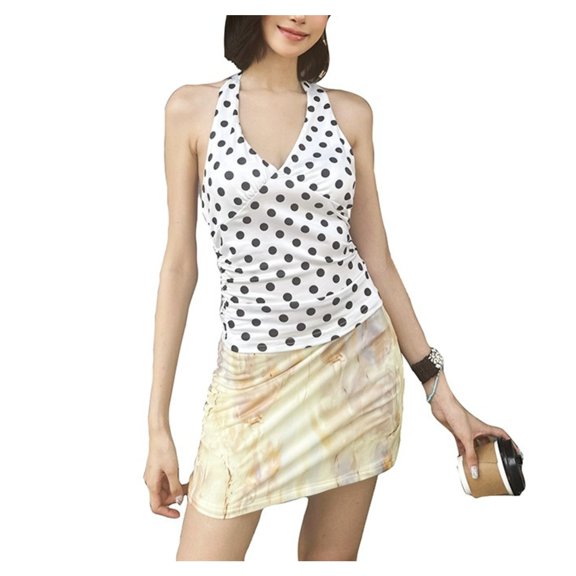 Women Fashion Polka Dot Halter V Neck Sweet Sleeveless Tank Top