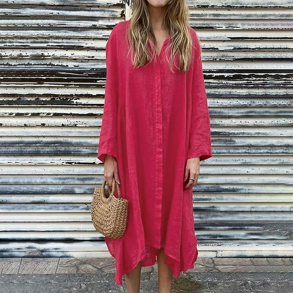 Women Fashion Print Button Irregular Hem Dress Loose Turndown Long Sleeve Shirt Dress Women Dresses Casual Fall Dress Ruffles Women Summer Dresses Summer Dresses Casual Summer Dresses for Women Work