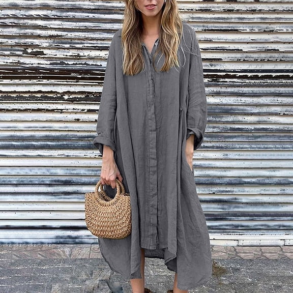 Women Fashion Print Button Irregular Hem Dress Loose Turndown Long Sleeve Shirt Dress Women Dresses Casual Fall Dress Ruffles Women Summer Dresses Summer Dresses Casual Summer Dresses for Women Work
