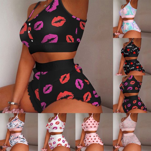 Women Fashion Print Pajamas Set Vest Bra Top Short Sleepwear Nightwear Lingerie Butterfly M YIWEI