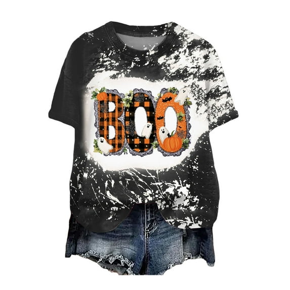 Women Fashion Printed Round Neck Short Sleeve T Shirt Halloween Printed T Shirt Top