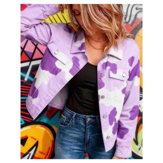 Women Fashion Printed Short Cropped Jean Jacket, Regular Fit Button‑Front Denim Outerwear, Casual Layering Coat for Spring and Fall