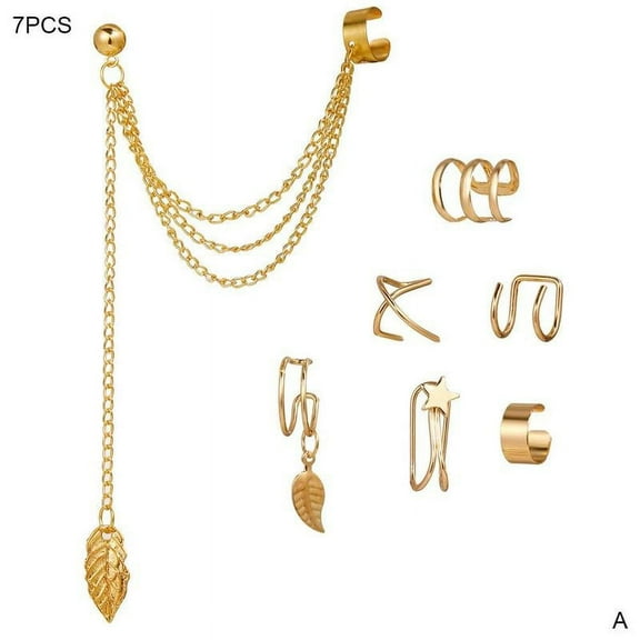 Women Fashion Punk Rock Leaf Chain Tassel Dangle Ear Clip Cuff Wrap N7Y2
