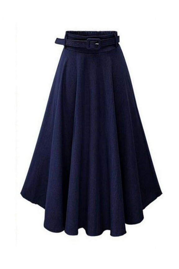 Women Fashion Pure Color Loose Denim Flare Skirt Midiskirt Skirting With Belt