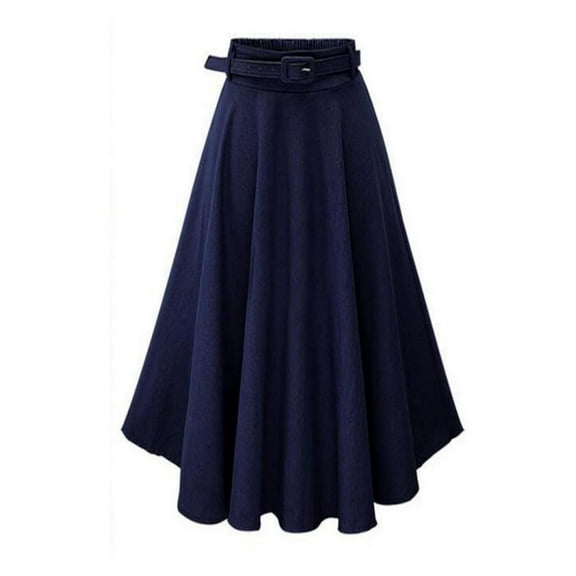 Women Fashion Pure Color Loose Denim Flare Skirt Midiskirt Skirting With Belt