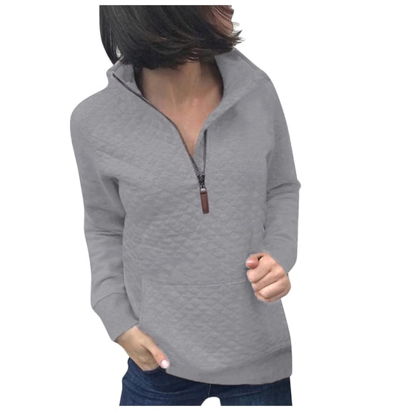 Women Fashion Quilted Thermal Underwear Top Lightweight Zipper Long Sleeve Casual Sweatshirt Pullover Shirt for Ladies