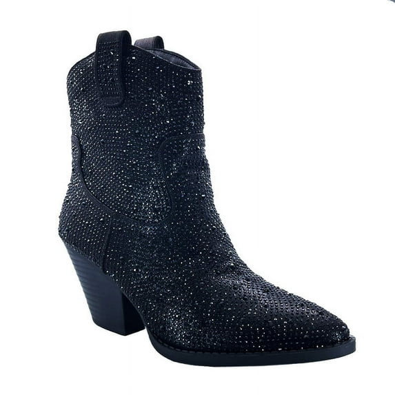 Women Fashion Rhinestone Block Chunky Mid Heel Ankle Bootie, Black, 6.5