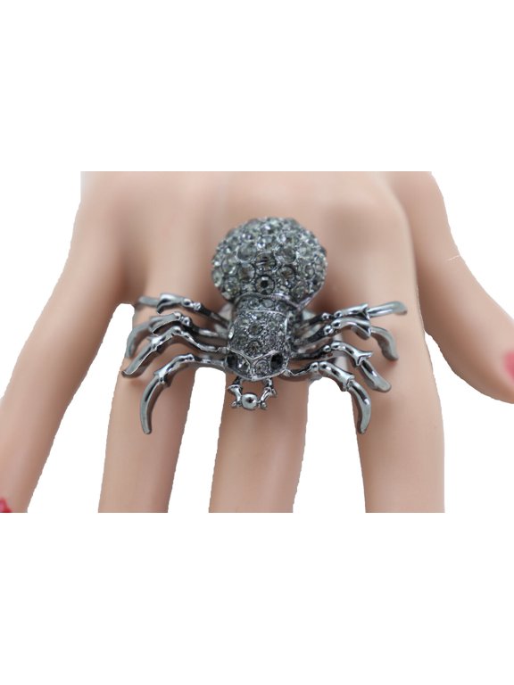 Women Fashion Ring Black Metal Elastic Band Spider Bling Jewelry Halloween Style