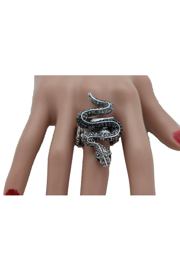 Women Fashion Ring Black Metal Snake Stretch Band One Size Attractive Jewelry