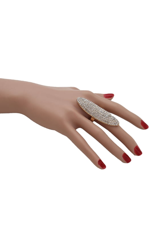 Women Fashion Ring Long Gold Metal Oval Shape Silver Bling Dressy Band Size 8