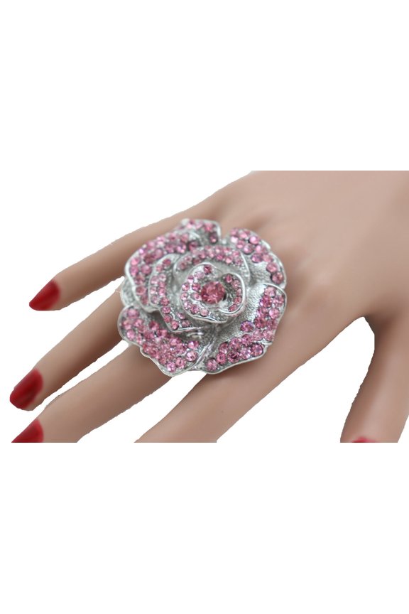 Women Fashion Ring Silver Metal Jewelry Pink Attractive Look Flower Rose Bridal