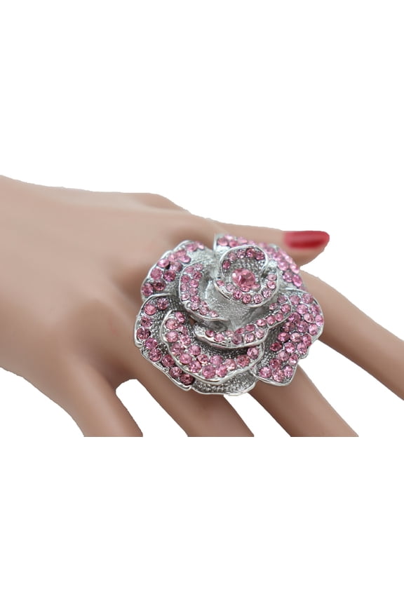 Women Fashion Ring Silver Metal Jewelry Pink Flower Rose Good Looking Style