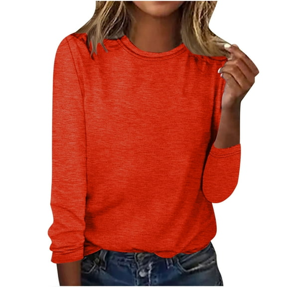 Women Fashion Round Neck Long Sleeve Tops Solid Casual Loose Basic T Shirt Classic-Fit Trendy Tunics Top