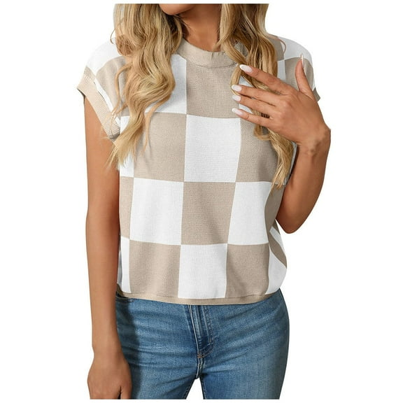 Women Fashion Round Neck Sleeveless Knit Short Tank Womens Checkered Summer Top Casual Stretchy Cropped Vest Basic Outfit