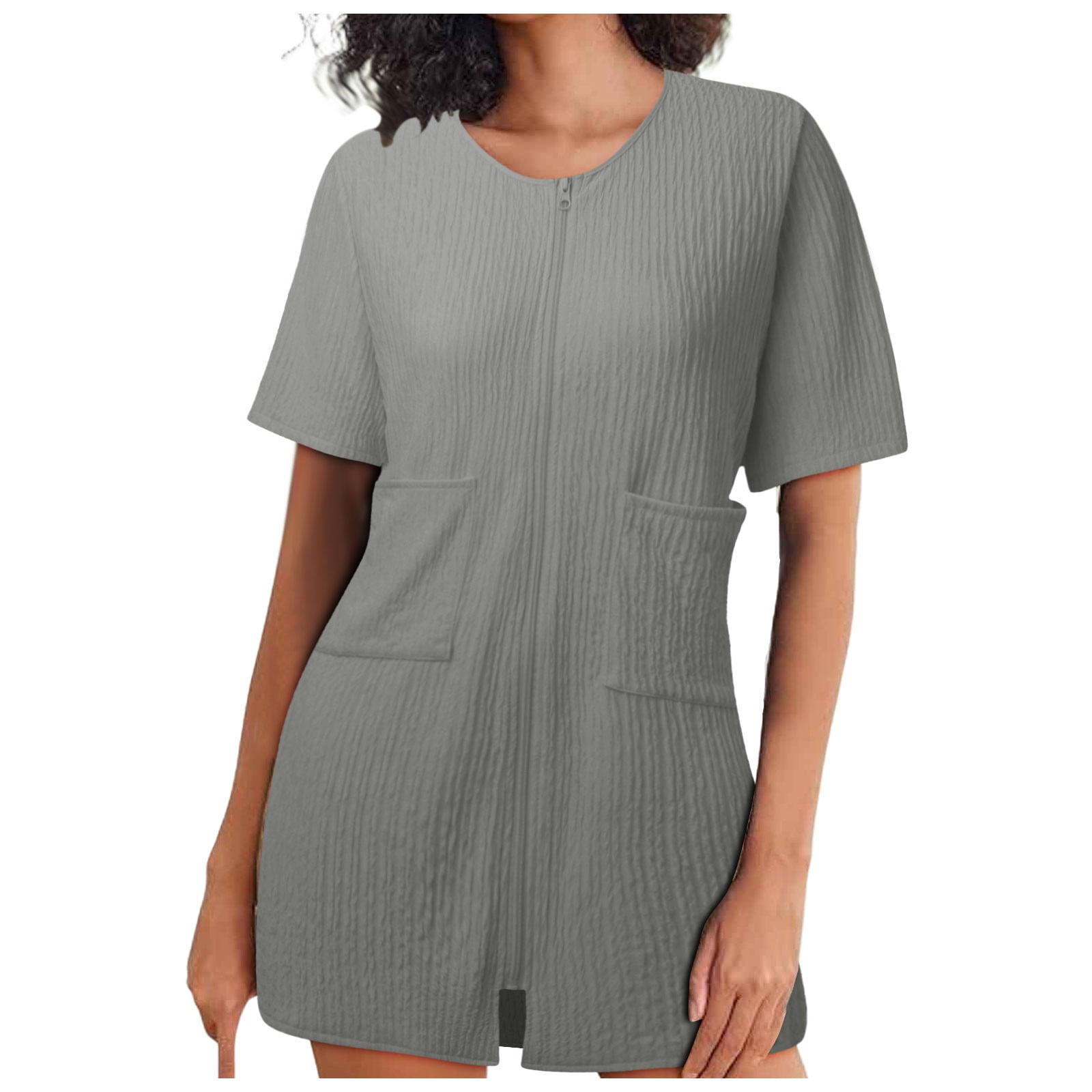 Women Fashion Round Neck Zip Up Nightgown Short Sleeve Homewear Knit