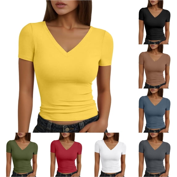 Women Fashion SSolid V Neck Short Sleeve Slim T Shirt Top Polyester Spandex T Shirts Women Casual Short Sleeve Tops for Women Swim Tops Compression Shirt Women Long