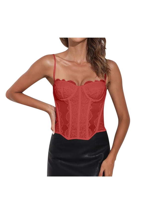 Women Fashion Sexy Lace Corset Vintage Bustier Spaghetti Strap Backless Boned Party Crop Top,Color:Red