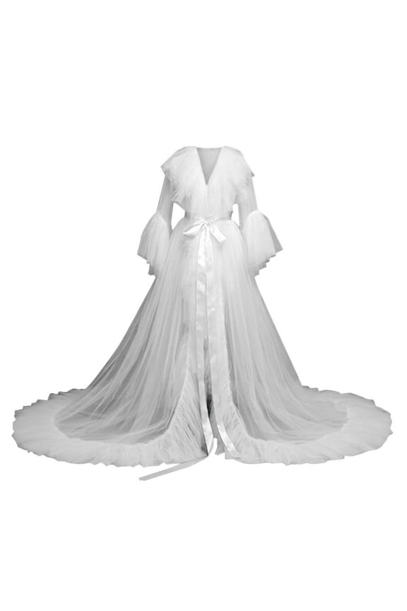 Women Fashion Sexy Tulle Robe Long Lingerie Nightgown Bathrobe Sleepwear Bridal Robe Lace Lingerie