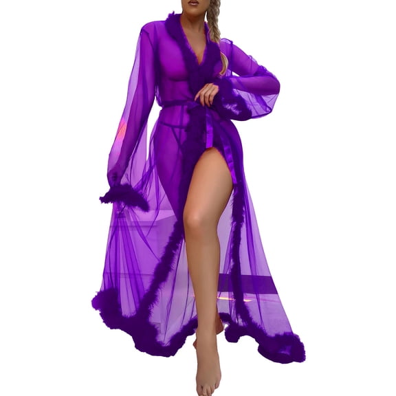 Women Fashion Sexy Tulle Robe Long Nightgown Bathrobe Sleepwear Feather Bridal Robe Lace
