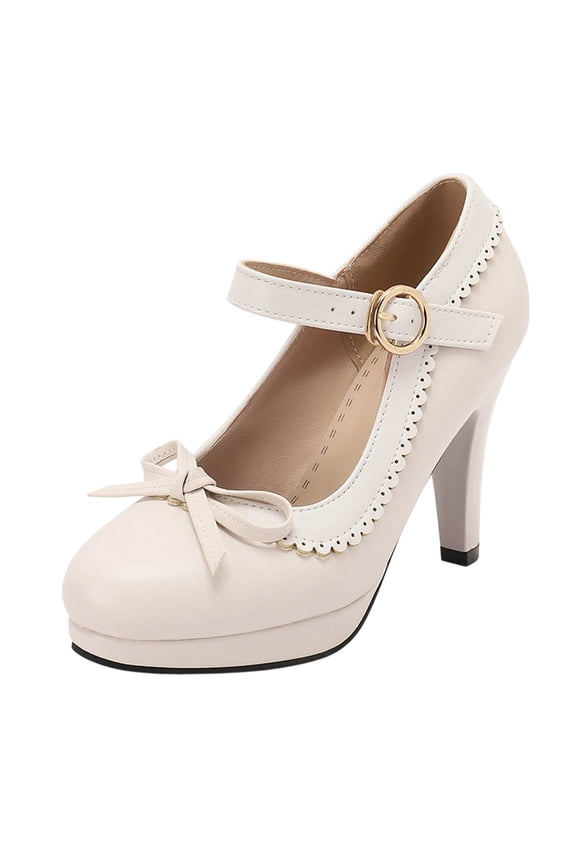 Women Fashion Shoes Dressy Heels for Women Bow Lolita Platform High Heels Kawaii Shoes Dress Round Toe Pumps
