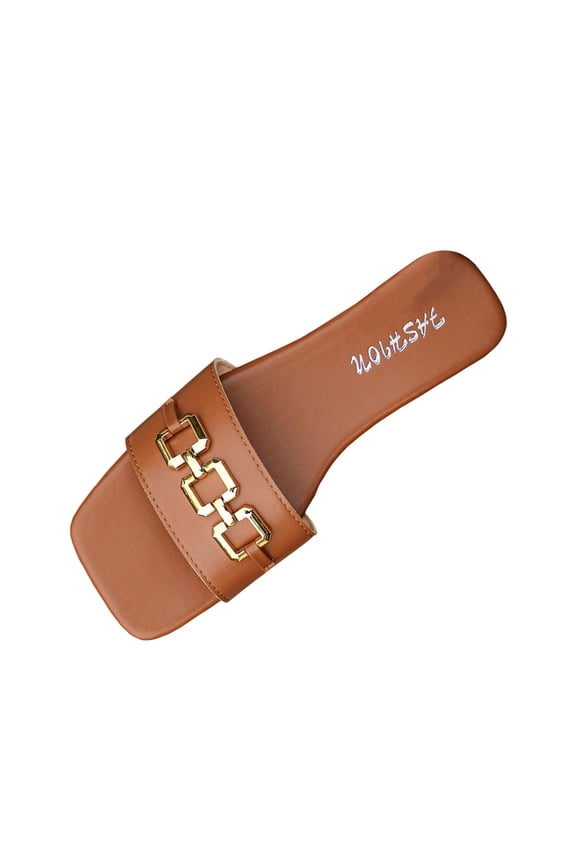 Women Fashion Shoes Dressy Women's Metal Chain Square Toe Sandals Leather Slip on Flat Sandals Trendy Outdoor Slides