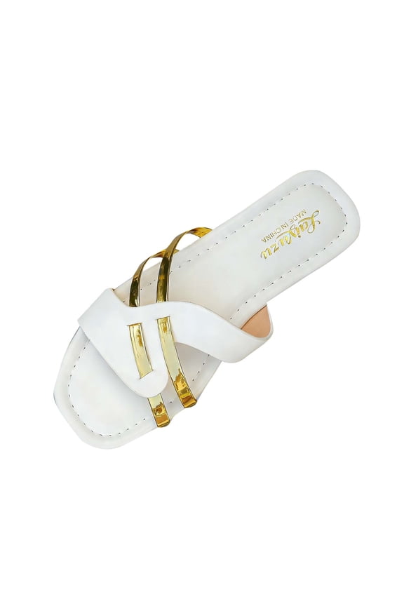 Women Fashion Shoes Dressy Women's Metallic Strappy Flat Sandals Dressy Sparkly Open Toe Slide Vacation Summer Sandals