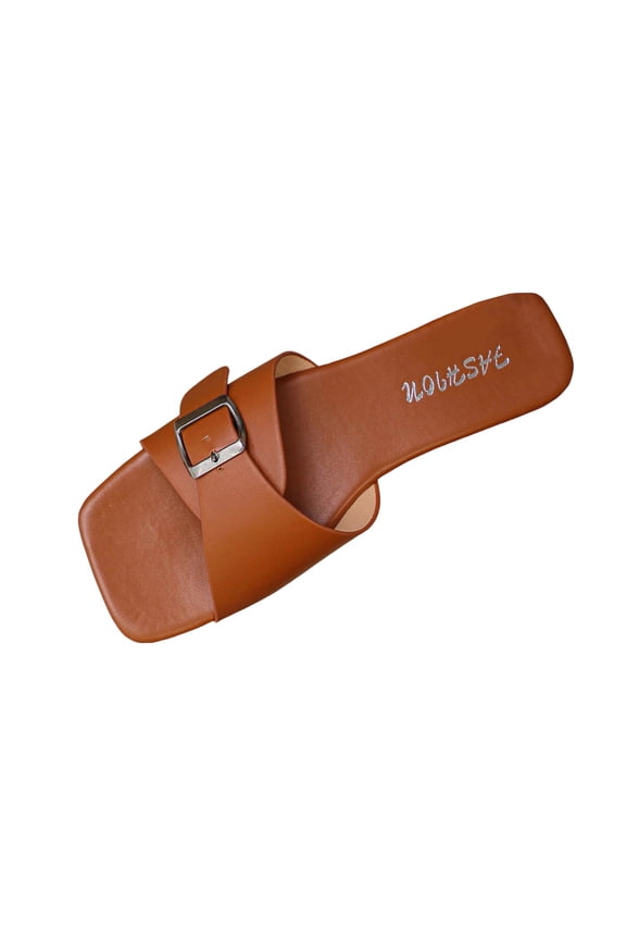 Women Fashion Shoes Dressy Women's Slides Sandals Summer Casual Metal Buckle Non Slip Square Open Toe Flat Slip On Slippers Beach Vacation Slider Sandals Slipper for Women Vocation