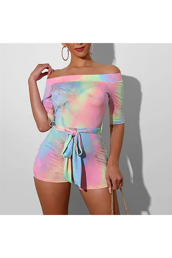 Women Fashion Short Sleeve Casual Tie-Dye Print Off Shoulder Playsuit Jumpsuits Button Overalls Long Sleeve Button up Romper Women Womens Glitter Romper Knit Jumpsuit Women Junior Jumpsuits And