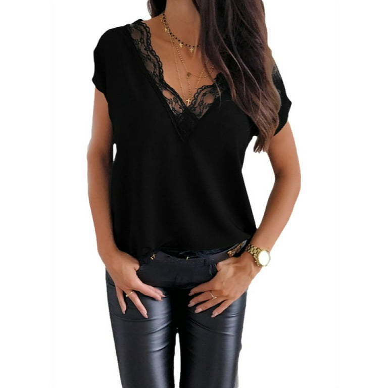 Women Fashion Short Sleeve Lace Trim V-Neck Pure Color Casual Tops T-Shirt  