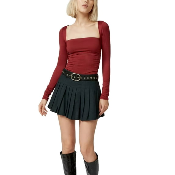 Women Fashion Short T-Shirts Solid Color Square Neck Long Sleeve Shirts Spring Fall Slim Fit Tops Streetwear