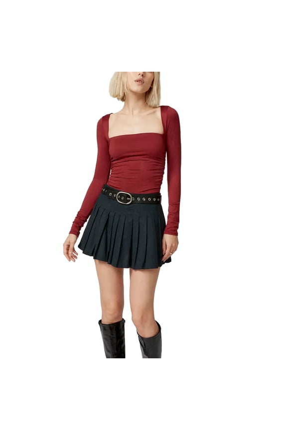 Women Fashion Short T-Shirts Solid Color Square Neck Long Sleeve Shirts Spring Fall Slim Fit Tops Streetwear