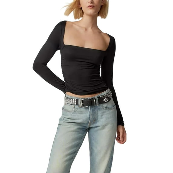 Women Fashion Short T-Shirts Solid Color Square Neck Long Sleeve Shirts Spring Fall Slim Fit Tops Streetwear