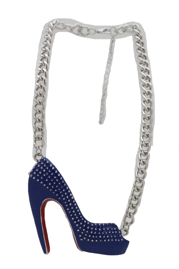 Women Fashion Silver Metal Chain Necklace Blue Heel Pump Shoe Pendant Celebrity