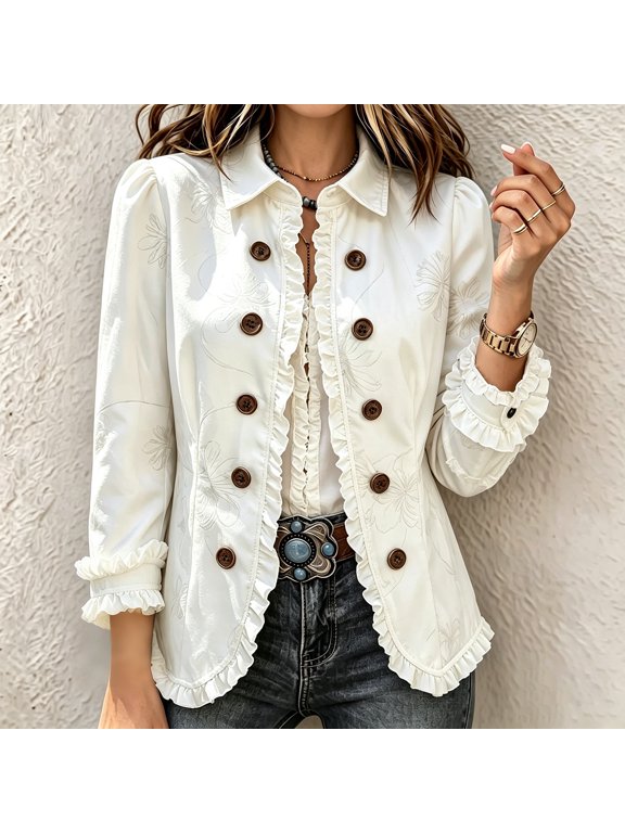 Women Fashion Solid Blazer Lapel Floral Embroidery Ruffle Trim Long Sleeve Vintage Casual Coat Outwear for Spring Fall White 2XL
