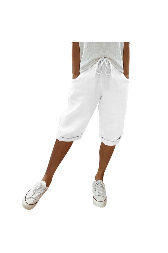 Women Fashion Solid Capris - Large Pocket Elastic Waist - Polyester Spandex Casual Pants - S-XXL Sizes - All Season Wear