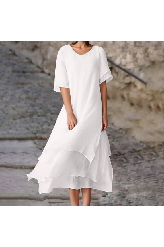 Women Fashion Solid Casual Double Layer Slit Short Sleeved Crew Neck Dress Dressed for Womens Short Sleeve Maxi Dress for Women Dress for Women Lined Midi Dress Knee Length Summer Dress Split Loose