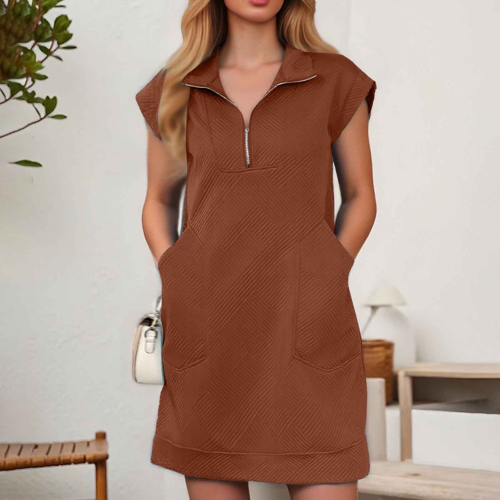 straight dresses knee length Women Fashion Solid Casual Lapel Zipper Pocket Loose Dress Short Sleeve Dress Linen for Women Casual Summer Cute Dresses above knee length dress