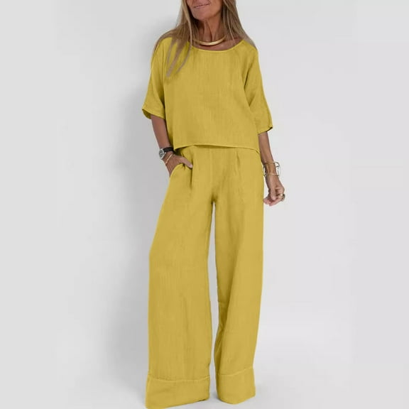 Women Fashion Solid Casual Loose Quarter Sleeve Wide Leg Pantsuit Matching Workout Outfits for Men Womens Suit Wide Leg Women Party Outfits Pants Suits for Woman Misses Pant Suits Hiking Overalls