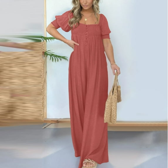 Women Fashion Solid Casual Loose Sleeve Short Sleeve Pleated Long Culottes Flight Jumpsuit Women You Found My Heart Romper Jumpsuit Wrap Jumpsuits for Women Casual Summer Linen Jumpsuit Garden
