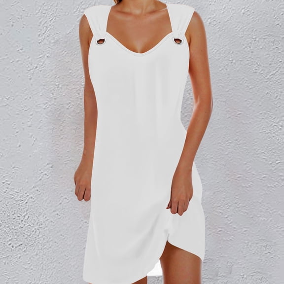 Women Fashion Solid Casual Loose Sleeveless V Neck Metal Button Sweater Dress Dressy Dresses for Women Casual Dresses for Summer Summer Dresses Floral Ladies Dresses Casual Petite Casual Dresses for