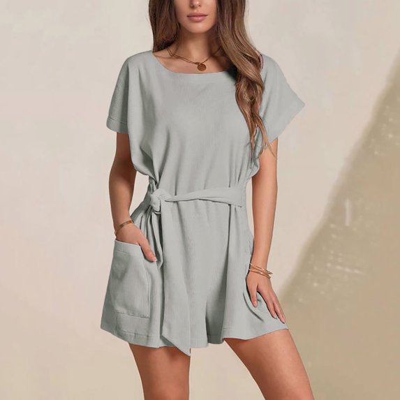Women Fashion Solid Casual Pullover Short Sleeve Pocket Suit Comfort Romper Ladies Warm up Pants Womens Casual Pants with Pockets Loose Fit Womens Pants for Work Casual Casual Pants for Women Sweat