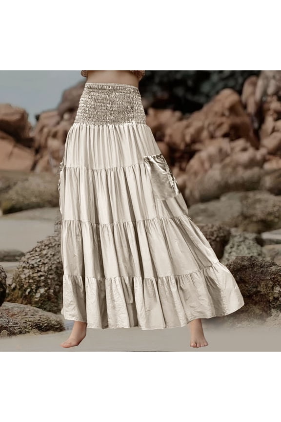 Women Fashion Solid Casual Skirt Simia Full Skirt With Pocket Long Dress plus Size Summer Dresses for Women Womens Work Dress Summer Dress for Women Casual Womens Business Casual Dresses Elastic Waist