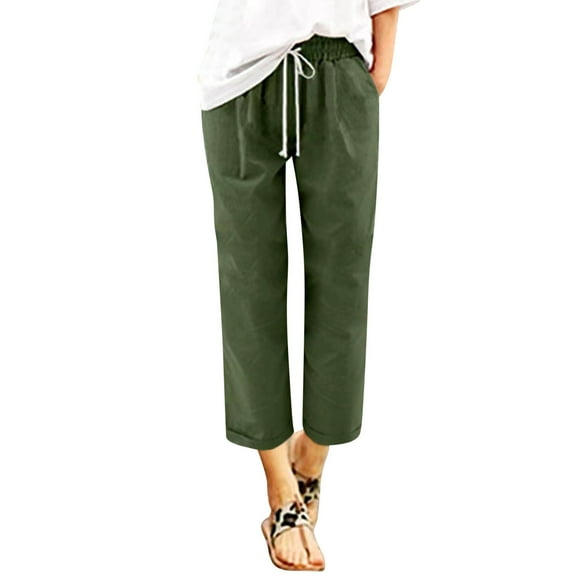 Women Fashion Solid Color Cotton Flax Elastic Long Pants Beach Leisure Trousers