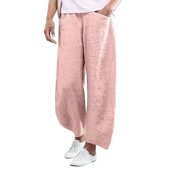 Women Fashion Solid Color Cotton Flax Elastic Long Pants Beach Leisure Trousers