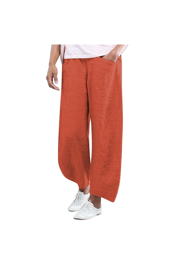 Women Fashion Solid Color Cotton Flax Elastic Long Pants Beach Leisure Trousers
