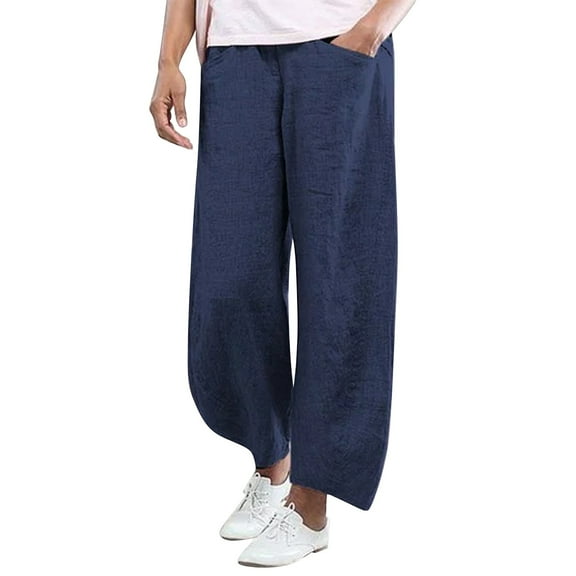 Women Fashion Solid Color Cotton Flax Elastic Long Pants Beach Leisure Trousers