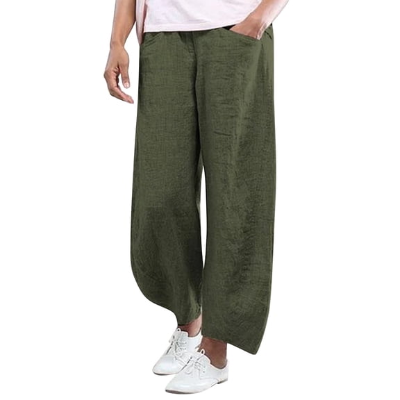 Women Fashion Solid Color Cotton Flax Elastic Long Pants Beach Leisure Trousers