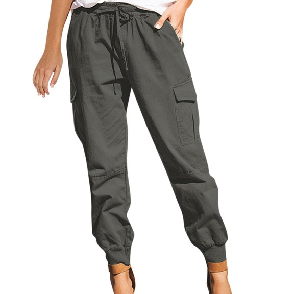 Women Fashion Solid Color Drawstring Overalls Pocket Trousers Casual Pants