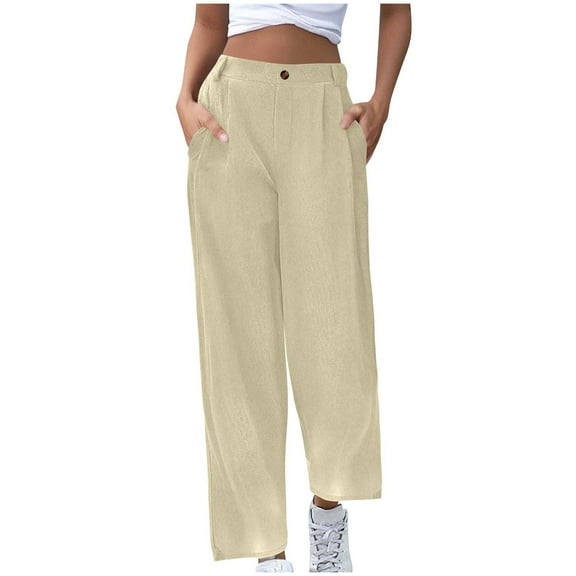 Chiccall Women's Corduroy Pants Casual Fall Pants High Elastic Waisted Straight Leg Pants Trendy Loose Stretchy Work Trousers with Pockets